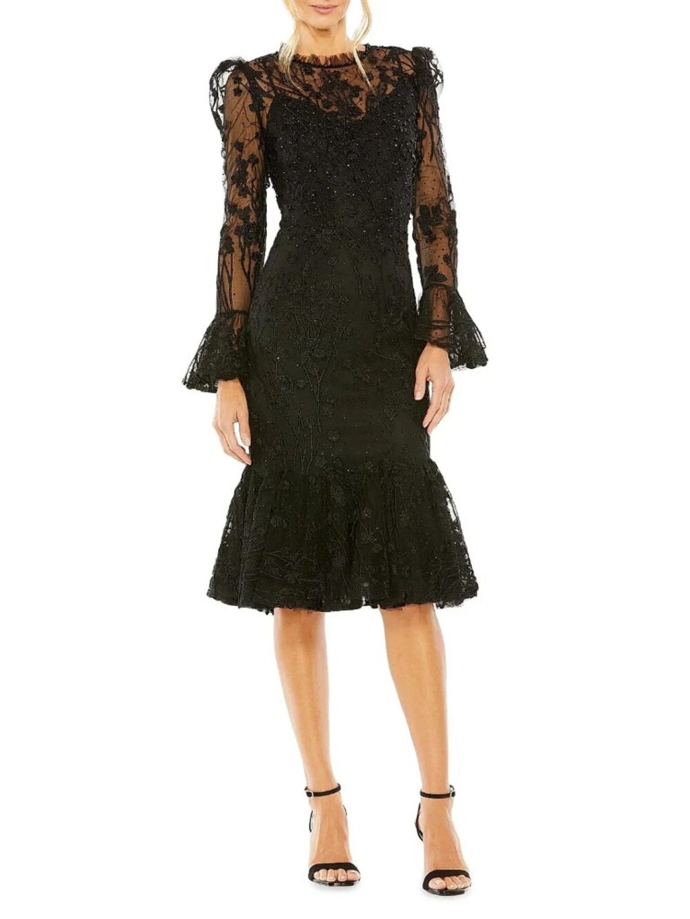 Mac Duggal Black Embellished Ruffle Wrist High Neck Midi Dress